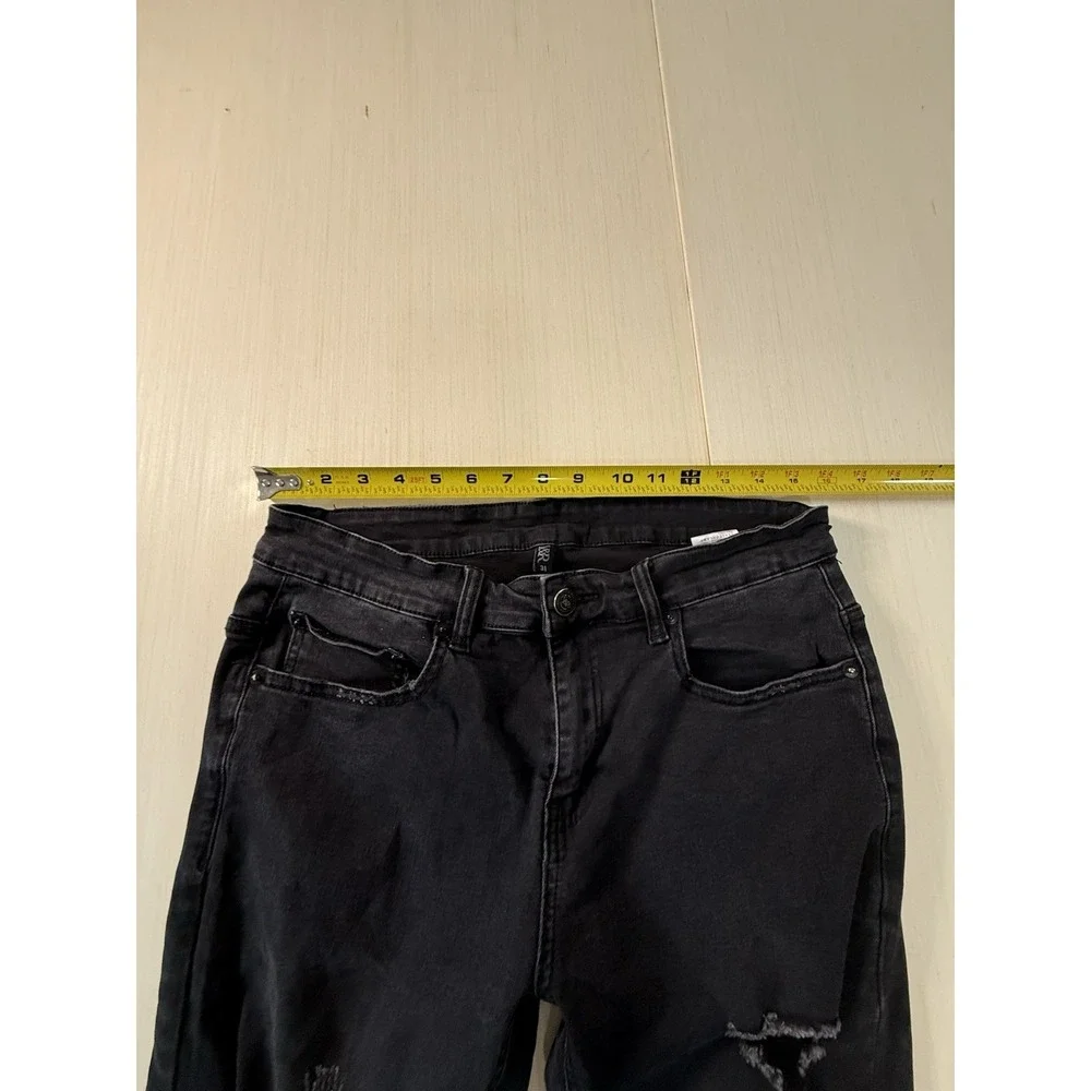 RECKLESS Men's Distressed Slim Straight Jeans Black Denim 5-Pocket Button Zip